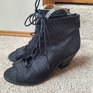 Eileen Fisher Black Slew Suede Lace Up Peep Toe Zip Back Bootie Womens Size 8